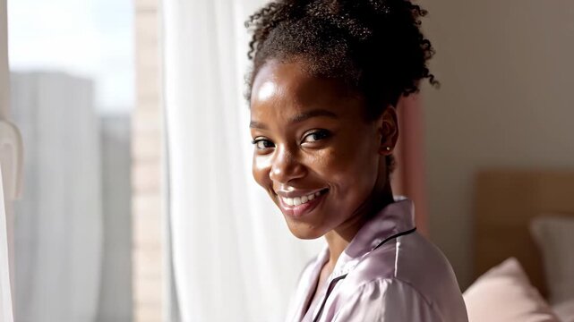 Radiant african american woman in silk pajamas gazes out the window on a sunny morning feeling refreshed and peaceful enjoying the soft light and a moment of serene relaxation