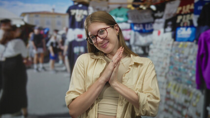 Blonde woman with glasses smiles and presses hands together near chest at street market stall under...
