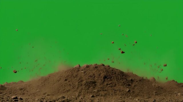 Explosion of dirt and debris against a green screen backdrop, simulating a controlled blast or impact event