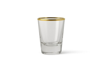Empty shot glass with gold rim on transparent background