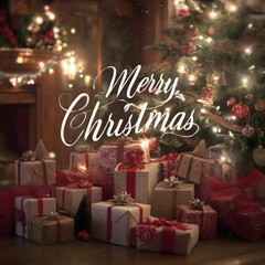 Warm Merry Christmas scene with glowing tree, festive gifts, and cozy fireplace, perfect for holiday wishes and seasonal greetings