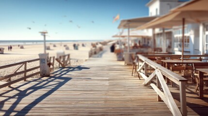 Tranquil Wooden Boardwalk Leading to Sandy Beach with Umbrellas and Chairs Under Clear Blue Sky in Summer Reflections of Relaxation and Leisure