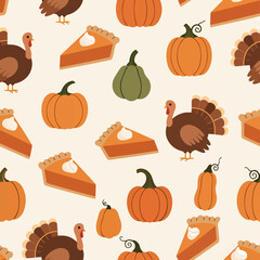 Seamless Thanksgiving Harvest Pattern with Cartoon Turkeys, Pumpkin Pies, and Autumn Squash