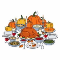 Festive Thanksgiving Dinner Table with Roasted Turkey, Pumpkin Pie, and Autumn Decorations Illustration
