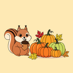 Cute Cartoon Squirrel with Acorn, Autumn Pumpkins, and Fall Leaves Illustration
