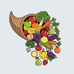 Bountiful Cornucopia: Fresh Fruits and Vegetables Overflowing. Harvest and Abundance Vector Illustration.