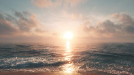 Fototapeta premium Serene Sunrise Over Tranquil Ocean Waves with Soft Clouds Reflecting Golden Hues in Vibrant Colorful Sky at Peaceful Beachfront Landscape
