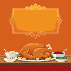 Festive Thanksgiving Dinner Illustration with Roasted Turkey, Side Dishes, Autumn Decor Frame, and Blank Copy Space