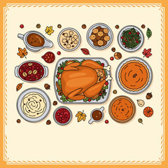 Thanksgiving Dinner Feast Illustration. Traditional holiday food spread with roasted turkey, pies, and classic autumn side dishes.