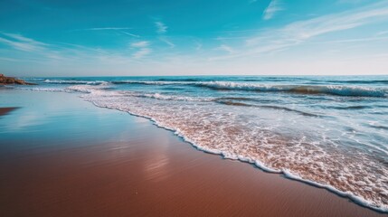 Fototapeta premium Serene Coastal Landscape with Gentle Waves Lapping on Sandy Shore Under Clear Blue Sky and Soft Fluffy Clouds at Sunset in a Tranquil Atmosphere