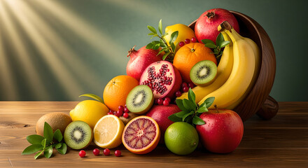 Fresh Mixed Fruits Bowl Wooden Table Copy Space