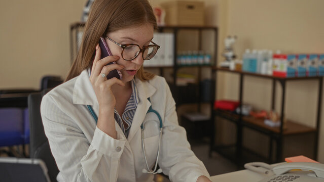 Woman in white coat wearing stethoscope holds phone to ear and points pen at clipboard in clinic; concentration. - Powered by Adobe