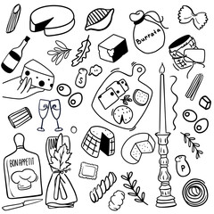Food ingredients, cheese and pasta, doodle set for restaurant, cook. Vector illustration of black line doodle on white background	