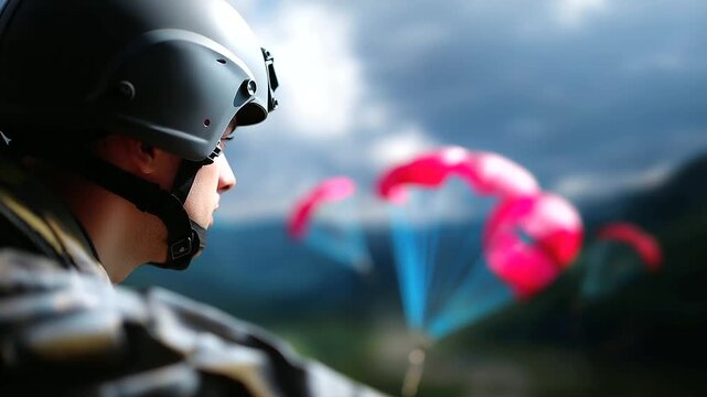 Blurred military trainee with sharp detailed parachute deployment and atmospheric elements visible, with copy space