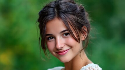 Naklejka premium Natural and Radiant Portrait of a Young Woman with Brown Hair and a Heartwarming Smile in a Lush Green Outdoor Environment