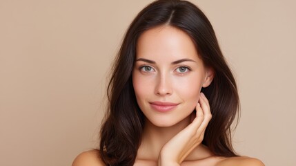 Fototapeta premium Beautiful woman with natural makeup and soft skin tone, posing against a neutral background, showcasing confidence and serenity in her expression
