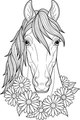 Horse head line art with daisy wreath