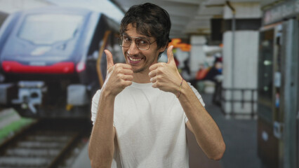Man giving thumbs up gesture in train station building with a modern train on the platform; optimism confidence encouragement hope.
