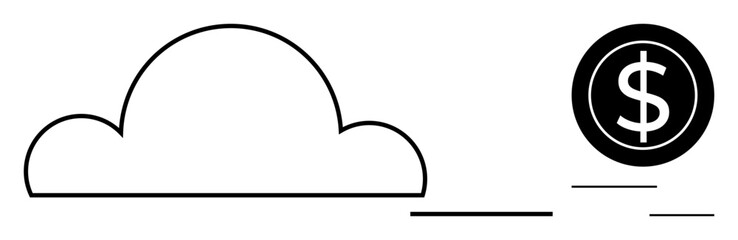 Cloud silhouette connected to a floating dollar coin. Ideal for finance, technology, cloud storage, savings, investment, digital banking, profit. Minimalistic black and white design as a simple flat