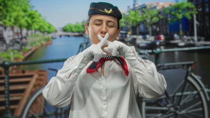 Woman air hostess in white uniform covers mouth with gloved hands by canal in sunlight; silence...