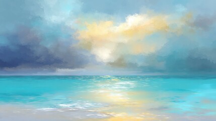 Fototapeta premium Tranquil ocean landscape with soft waves under a moody sky, capturing serene beauty in shades of blue, turquoise, and golden sunlight reflection