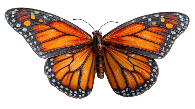 3D realistic monarch butterfly with orange patterned wings, gentle lighting and floating pose for eco or garden concept, isolated on white background