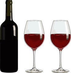Elegant Red Wine Bottle and Glass Vector Illustration