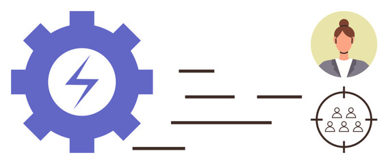 Gear with bolt indicating energy, connecting lines leading to a woman s profile and target audience. Ideal for teamwork, strategy, marketing, performance, leadership, communication, engagement