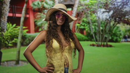 Young woman wearing straw sunhat and purple sunglasses smiles with hands on hips showing yellow crochet top and denim jeans at a building; carefree confidence.