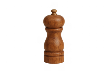 Wooden pepper mill standing up on transparent background