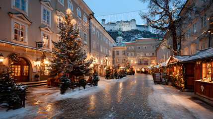 Salzburg Christkindlmarkt, wooden stalls with beautiful Christmas decorations line the square of Salzburg, a large Christmas tree decorated with sparkling lights, Ai generated images.