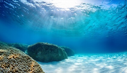 Fototapeta premium Underwater Sun Rays Breaking Through The Surface Of Crystal Clear Turquoise Water Illuminating A White Sandy Seabed Rocks Tropical Ocean Summer Travel Marine Environment Panoramic Background