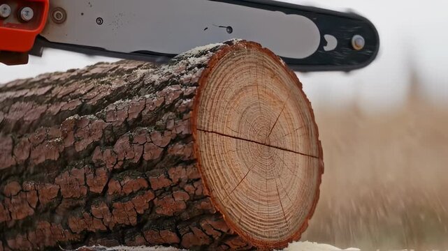 Close-up of chainsaw cutting log with sawdust, showcasing woodworking process