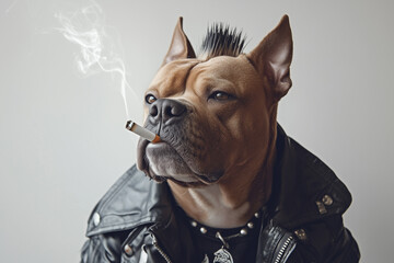 A muscular dog with a mohawk hairstyle, wearing a leather jacket and smoking a cigarette, exuding a rebellious attitude.