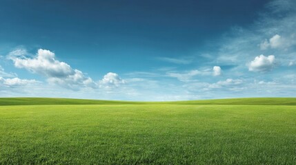 Obraz premium Lush Green Grassland Under Bright Blue Sky with Fluffy White Clouds and Gentle Horizon Line on a Calm Day in Nature