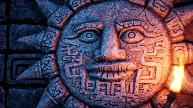 Ancient Carved Stone Sun Face with Ornate Designs Illuminating in the Dark
