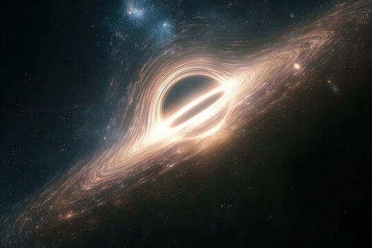 A swirling black hole surrounded by luminous accretion disks, set against a backdrop of stars and cosmic dust in deep space.