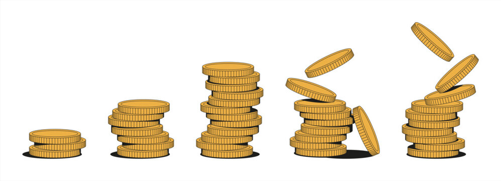 Heap of gold coins with us dollar currency sign vector illustration isolated on white background. Money coin stack pile. Business and finance concept design element. Vector 10 eps.