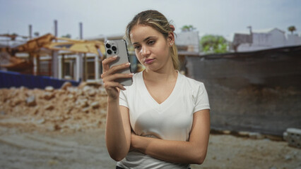 Woman holding smartphone with arms crossed at building site, looking at screen; boredom waiting...