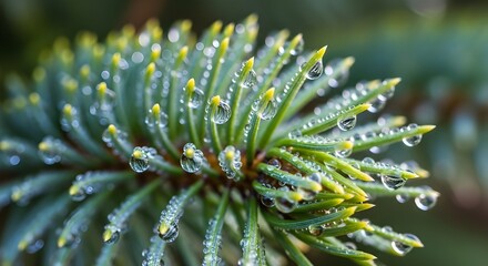 Extreme close-up (macro) of a spruce or fir tree branch, showing bright green needles tipped with yellow and covered in spherical water droplets (dew or rain).