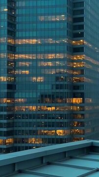 City Skyscraper Windows Glowing at Dusk from Rooftop View