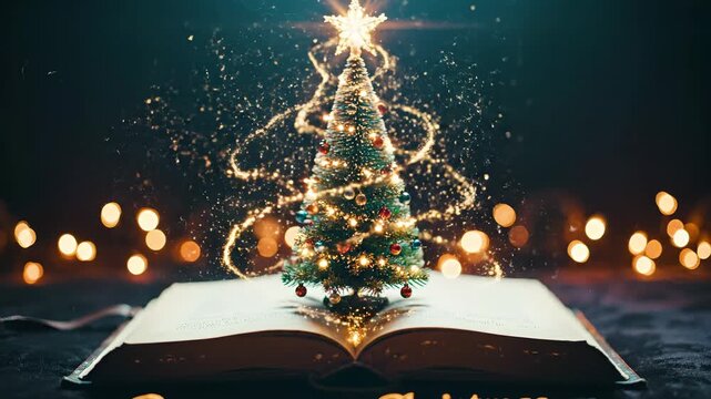 Christmas tree rising from a storybook with magical lights. A whimsical image of holiday spirit. Festive tales, holiday magic, reading season.