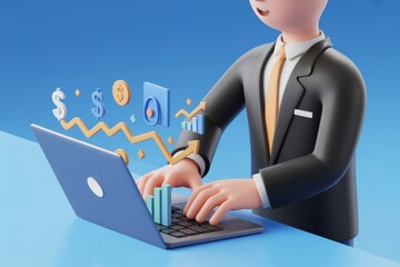 3D Businessperson Working on Laptop with Financial Icons