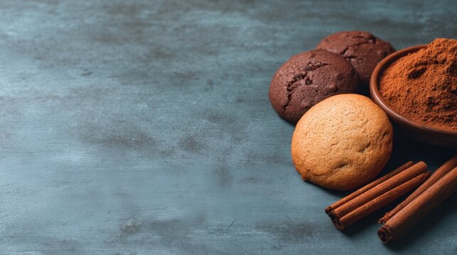 Delicious cookies with cocoa powder and cinnamon on a rustic blue background for baking and dessert concepts