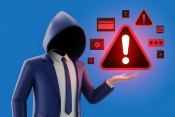Cybersecurity threat and alert with hacker in a suit and tie