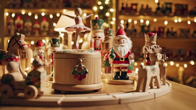 Wooden Christmas toys displayed on a table with lights in background. Nostalgic festive scene creating childhood joy. Holiday spirit, handmade crafts, winter magic.