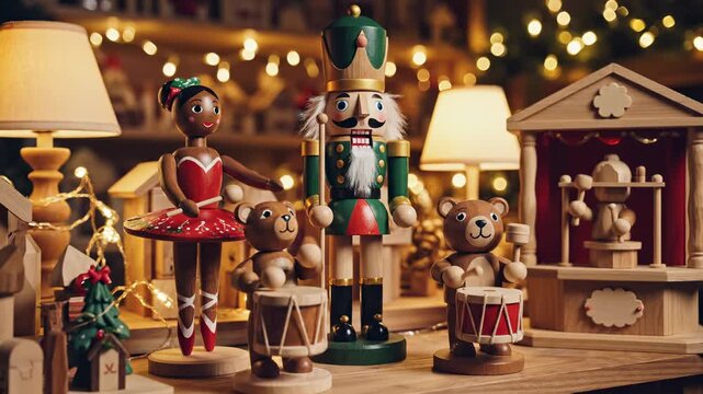 Christmas decorations, including a nutcracker and ballerina, on a wooden table. A festive still life of toys. Holiday traditions, seasonal decor, childhood memories.