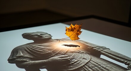 A leaf resting on a digital screen displaying a shadowed image of a statue with a warm light source creating a serene and artistic composition