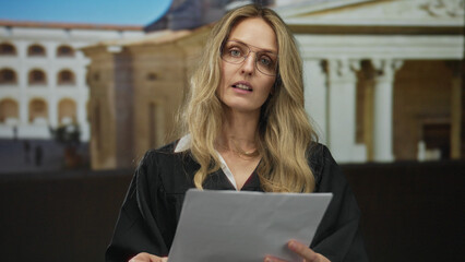 Young woman judge with glasses reading paper outdoors in front of courthouse during the day.