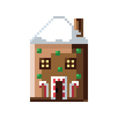 Pixel art Gingerbread House icon game asset. Vector illustration. 